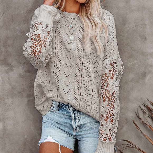 Sweaters - Women's Gray Bohemian Crochet Long Sleeve Light Sweater NWT